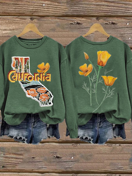 Casual Crew Neck Floral Sweatshirt Printing, Green, Hoodies & Sweatshirts