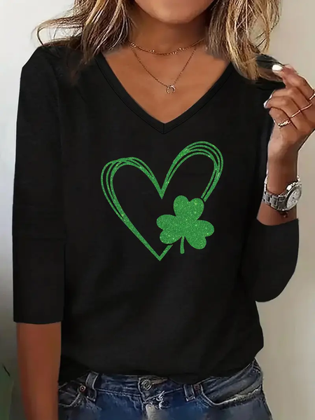 

Women's Shamrock St. Patrick's Day Casual Long Sleeve V-Neck T-Shirt, Black, Long sleeves