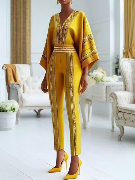 

Urban Raglan Sleeves Geometric V Neck Jumpsuit, Yellow, Jumpsuits