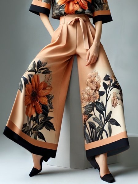 

Casual Floral Loosen Wide Leg Pants, As picture, Pants