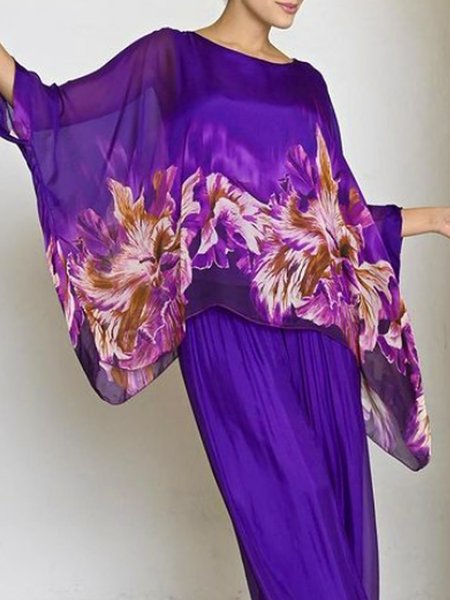 Vacation Floral Pattern Printing Crew Neck Raglan Sleeve Blouse, Purple, Blouses and Shirts