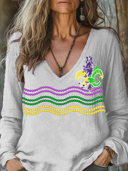 

Mardi Gras Casual Striped V Neck Long Sleeve T-shirt, White, Tops
