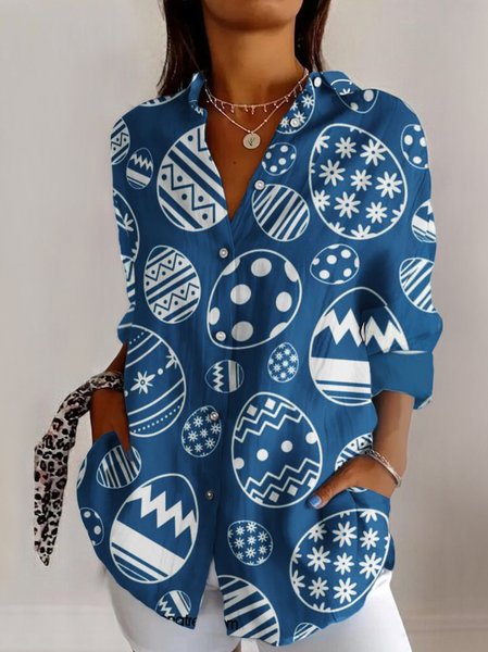 

Shirt Collar Long Sleeve Easter Eggs Regular Fit Shirt For Women, Dark blue, Shirts