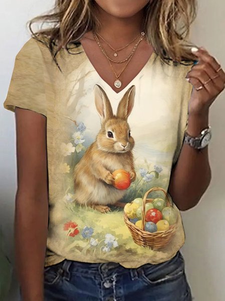 

Vintage Easter Bunny V Neck Short Sleeve T-shirt, Apricot, T-shirts