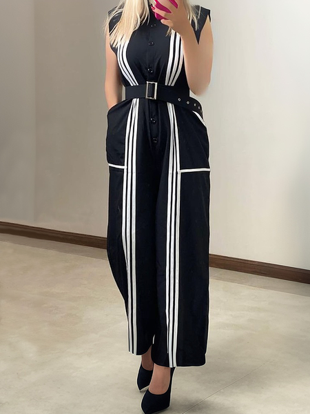 

Casual Color Block Stand Collar Shirt Jumpsuit With Belt, Black-white, Jumpsuits
