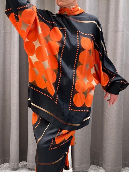 Vacation Geometric Crew Neck Raglan Sleeve Blouse No Scarf, As picture, Blouses and Shirts