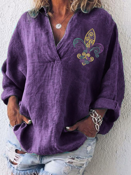 

Mardi Gras V Neck Long Sleeve Floral Regular Micro-Elasticity Loose Shirt For Women, Purple, Tops