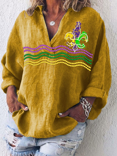 

Mardi Gras V Neck Long Sleeve Striped Printing Regular Micro-Elasticity Loose Shirt For Women, Yellow, Tops