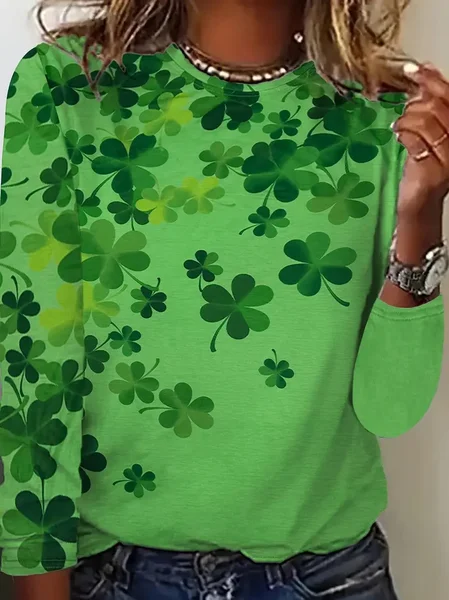 

Casual St. Patrick's Day Shamrock Crew Neck Long Sleeve T-shirt, Green, T-shirts