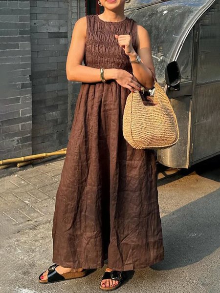 

Cotton And Linen Casual Plain Sleeveless Crew Neck Maxi Dress, Brown, Maxi Dresses