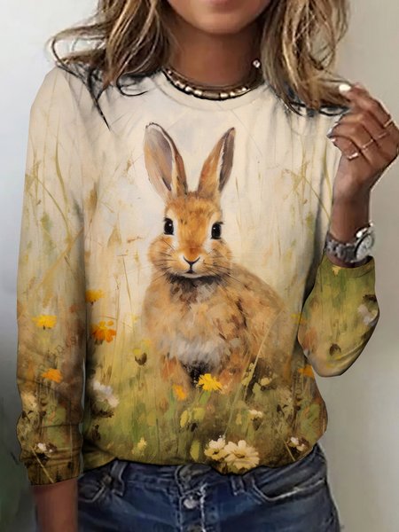 

Women Rabbit Print Long Sleeve Tee T-shirt Crew Neck Vintage Spring/Fall Top, Khaki, T-Shirts