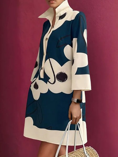 Casual Floral Regular Sleeve Printing Shirt Collar Mini Dress, Blue, Mini Dresses