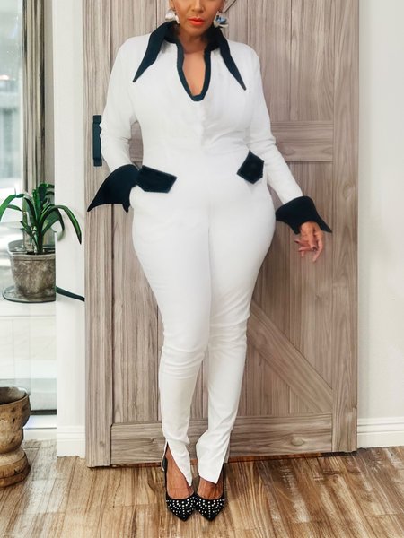 Urban Split Joint Color Block Shawl Collar Shirt Jumpsuit, Black-white, Jumpsuits