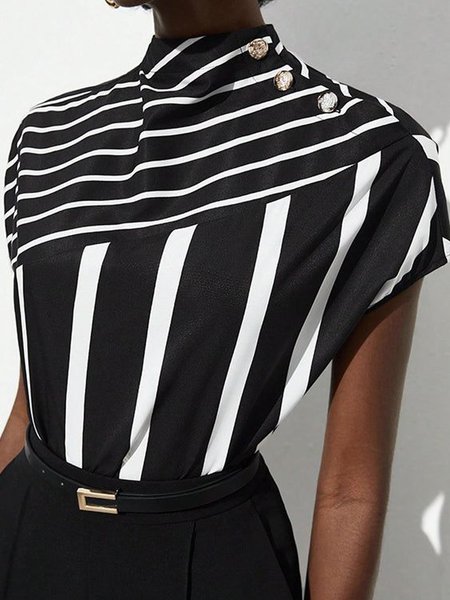 

Urban Striped Buckle Mock Neck Blouse, Black-white, Blouses and Shirts