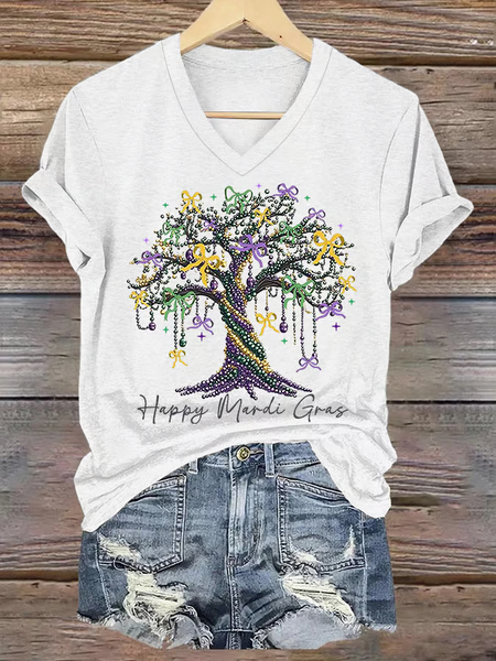 

Women's Happy Mardi Gras Beads Tree Casual V-Neck Tee, White, T-shirts