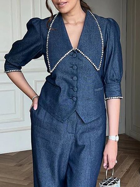 Urban Plain Beaded Shawl Collar Puff Sleeve Denim Shirt, Blue, Blouses and Shirts