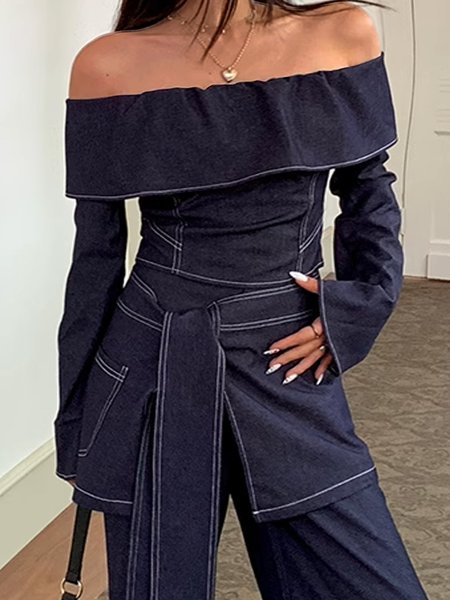 

Urban Plain Cold Shoulder Off Shoulder Sleeve Denim Top, Deep blue, Tops