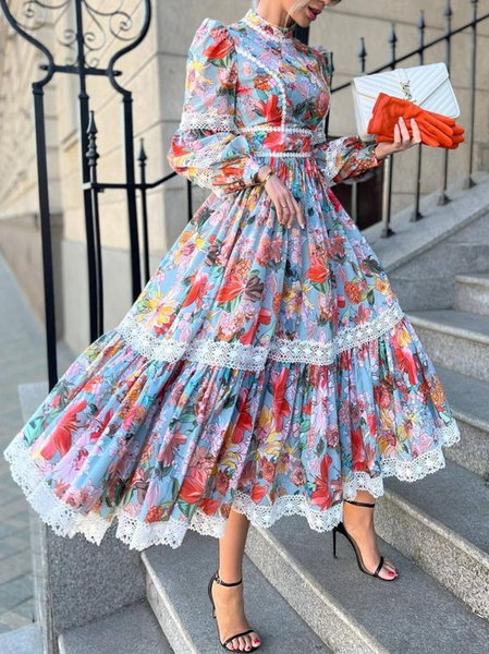 

Elegant Floral Balloon Sleeve Lace Midi Dress, As picture, Maxi Dresses