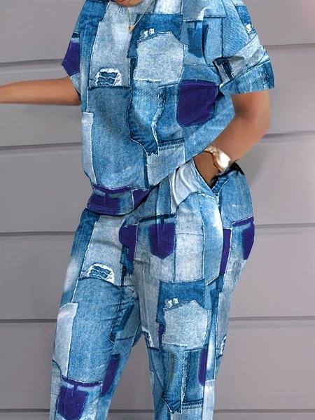 

Casual Denim Print Graphic Crew Neck Blouse, Blue, Blouses and Shirts