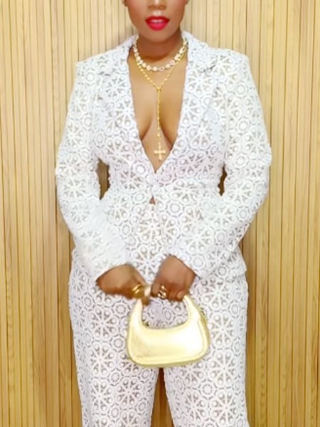 

Elegant Plain Lapel Collar Blazer, White, Blazers