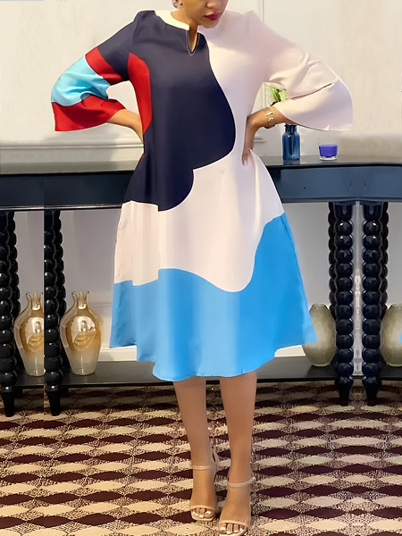 Urban Color Block Knee Length Dress, As picture, Midi Dresses