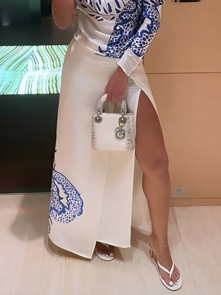 

Elegant Side-Slit Random Print Maxi Skirt, White, Skirts