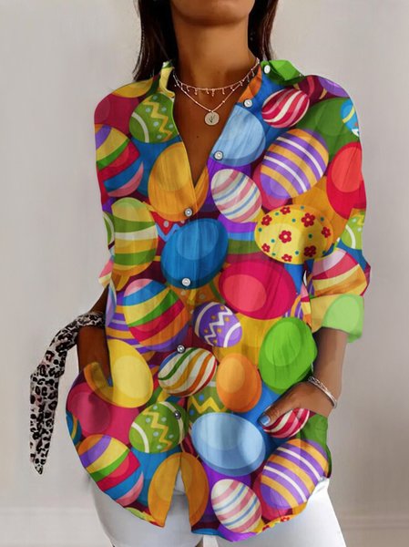 

Shirt Collar Long Sleeve Easter Eggs Regular Fit Shirt For Women, Multicolor, Shirts
