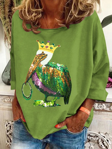 

Mardi Gras Casual Crew Neck Animal Sweatshirt Printing, Green, Tops