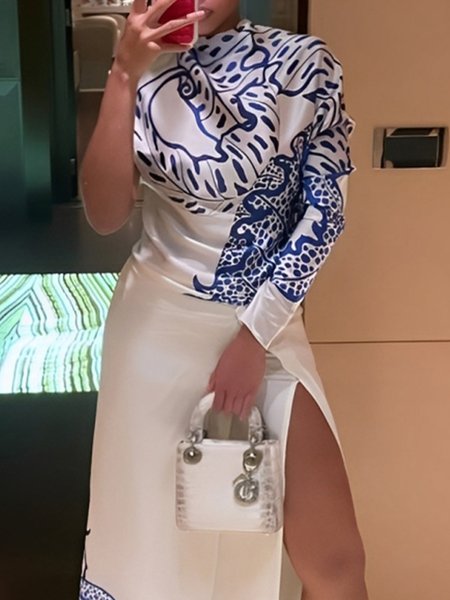 

Elegant Random Print Irregular Craftsmanship Crew Neck One Shoulder Sleeve Blouse, White, Blouses and Shirts