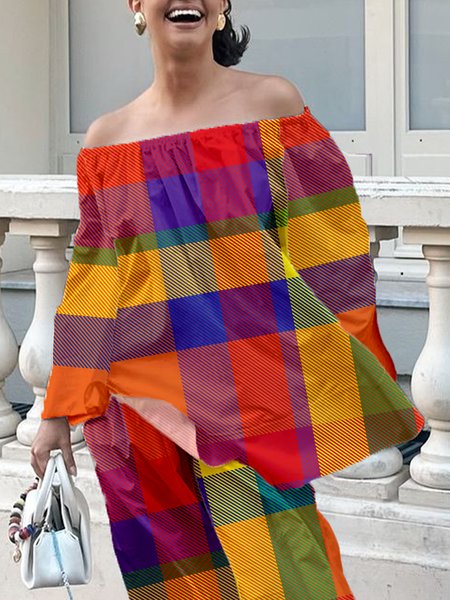 

Casual Plaid Printing Cold Shoulder Loosen Blouse, As picture, Blouses and Shirts