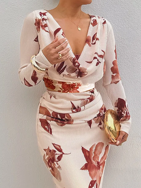 

Elegant Floral Printing Cowl Neck Blouse, As picture, Blouses and Shirts