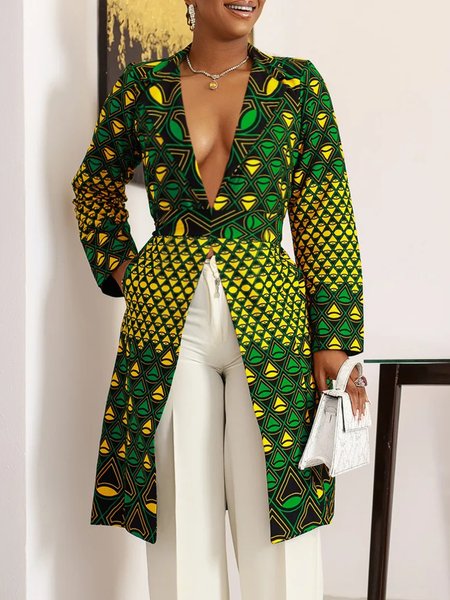 

Urban Geometric Lapel Collar Kimono With Belt, Green, Kimonos