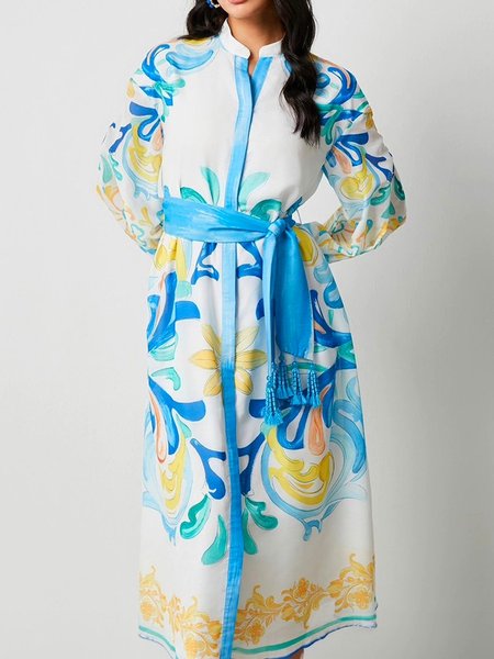 

Casual Ocean Pattern Printing Stand Collar Midi Dress With Belt, As picture, Maxi Dresses