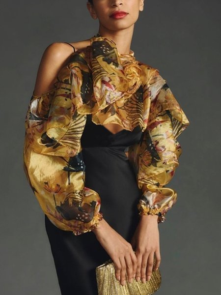 

Elegant Floral Printing Stand Collar Blouse, Yellow, Blouses and Shirts