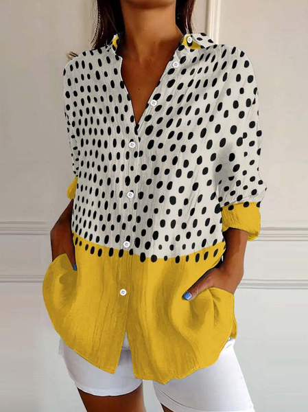 

Linen Blend Casual Loose Contrast Stitching Shirt, Yellow, Blouses & Shirts