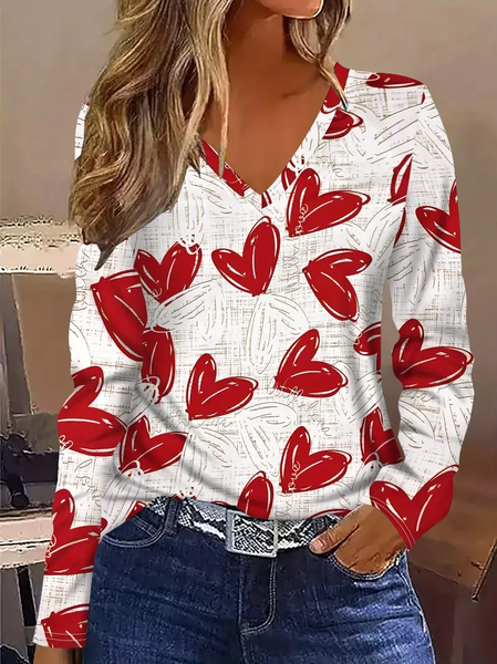 

Women's Long Sleeve Tee T-shirt Spring/Fall Heart/Cordate Printing V Neck Casual Top, White, T-Shirts
