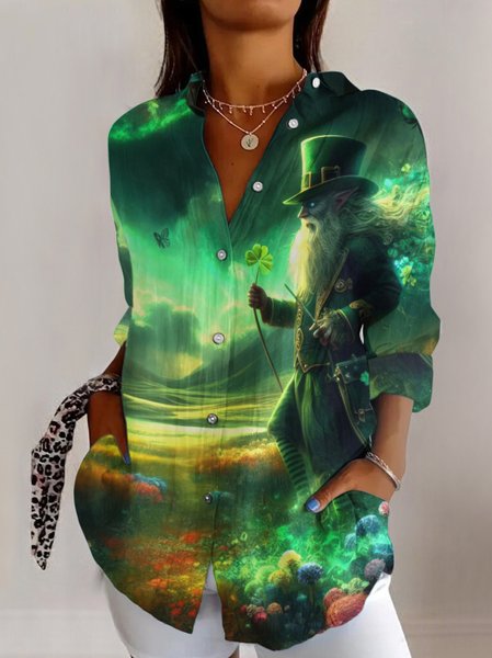 

St. Patrick's Day Shirt Collar Long Sleeve Geometric Regular Micro-Elasticity Regular Fit Shirt For Women, Green, Shirts