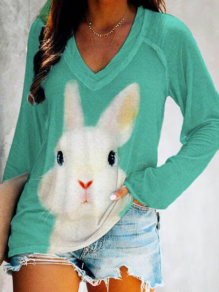 Women's Easter Bunny Print V-Neck T-Shirt, Green, Long sleeves