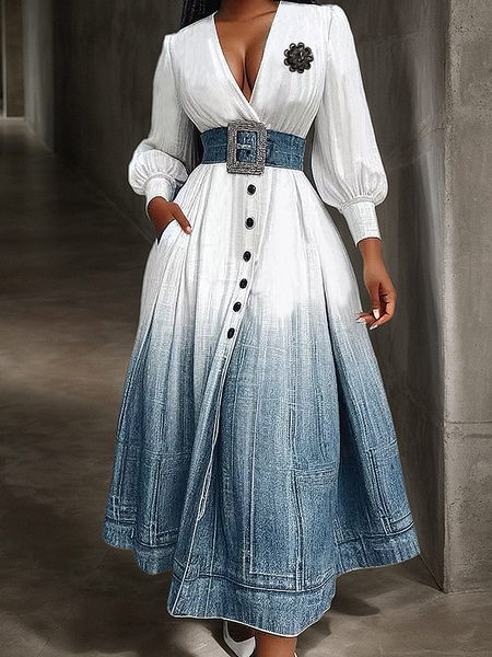 

Elegant Denim Print Graphic Printing V Neck Maxi Dress With Belt, As picture, Maxi Dresses