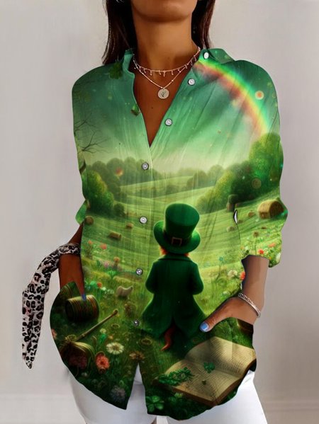 

St. Patrick's Day Shirt Collar Long Sleeve Geometric Regular Micro-Elasticity Regular Fit Shirt For Women, Green, Shirts