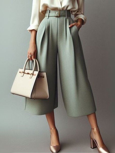 Urban Plain Fashion Wide Leg Pants With Belt, Green, Pants