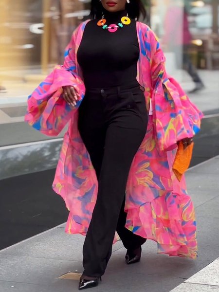 

Urban Bell Sleeve Floral Loose Kimono, As picture, Kimonos