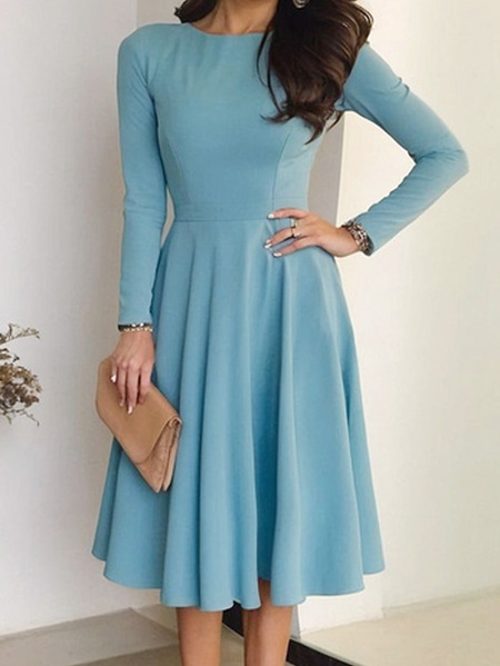 Urban Plain Crew Neck Knee Length Dress, Blue, Midi Dresses
