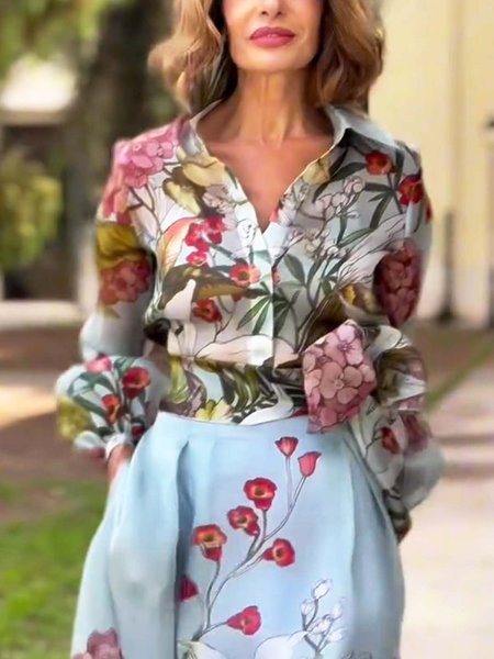 

Vacation Floral Printing Shirt Collar Shirt, Blue, Blouses and Shirts