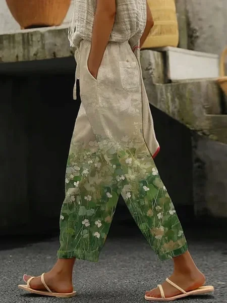 

Women's Floral Trousers Straight Pants Daily Going Out Casual Printing Linen Blend Floral Spring/Fall Pants, Green, Pants