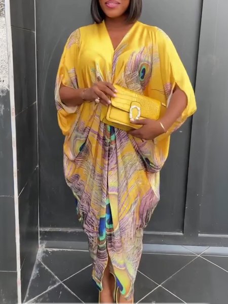 

Urban Peacock Printing V Neck Midi Dress, Yellow, Maxi Dresses