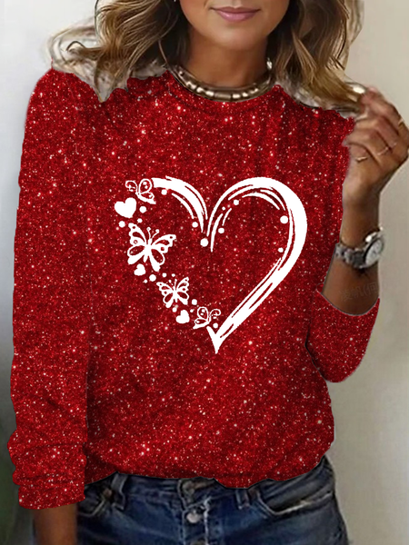 

Casual Heart/Cordate Crew Neck Long Sleeve T-shirt, Red, T-shirts