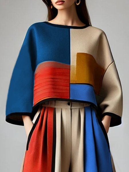 

Casual Color Block Crew Neck Blouse, As picture, Blouses and Shirts