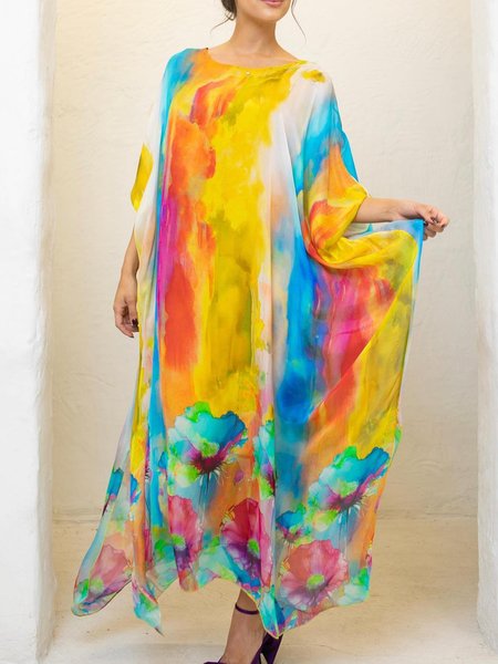 

Vacation Ombre Raglan Sleeve Crew Neck Maxi Dress, As picture, Maxi Dresses