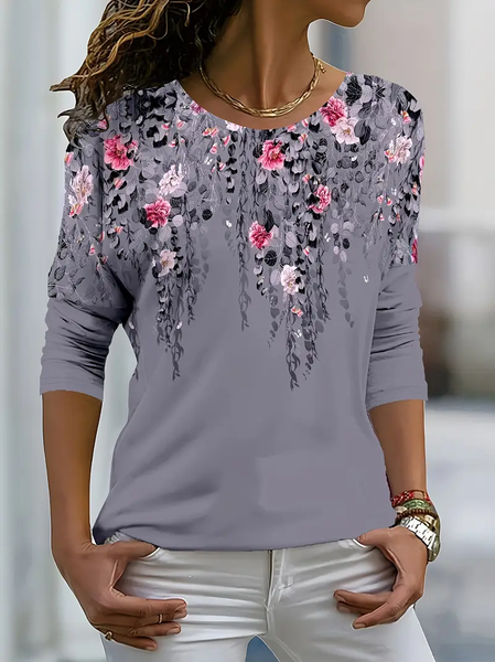 

Women's Long Sleeve T-shirt Spring/Fall Gray Floral Printing Jersey Crew Neck Daily Going Out Casual Top, Long sleeves